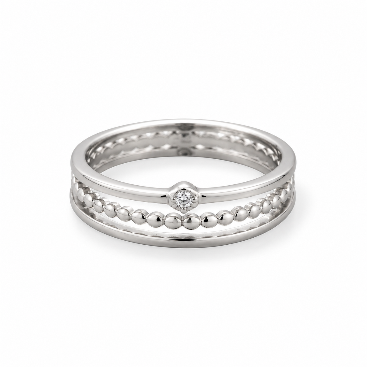 Rhodium Plated CZ Three Band Ring 925 Sterling Silver 1.3mm CZ 1.2mm Sizes 5-9