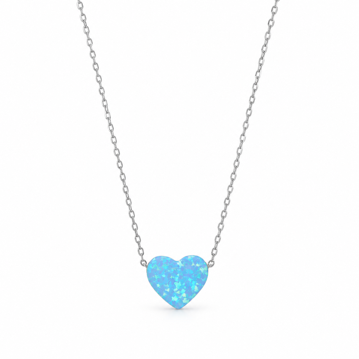 Blue Opal Heart Necklace Rhodium 925 Sterling Silver Synthetic Floating 9x10mm 16+2