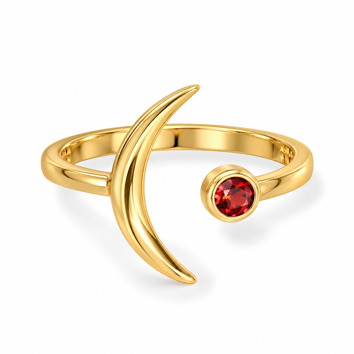 14K Gold Plated Crescent Moon Faceted Garnet Ring 3mm 2.7mm Band Sizes 6-9