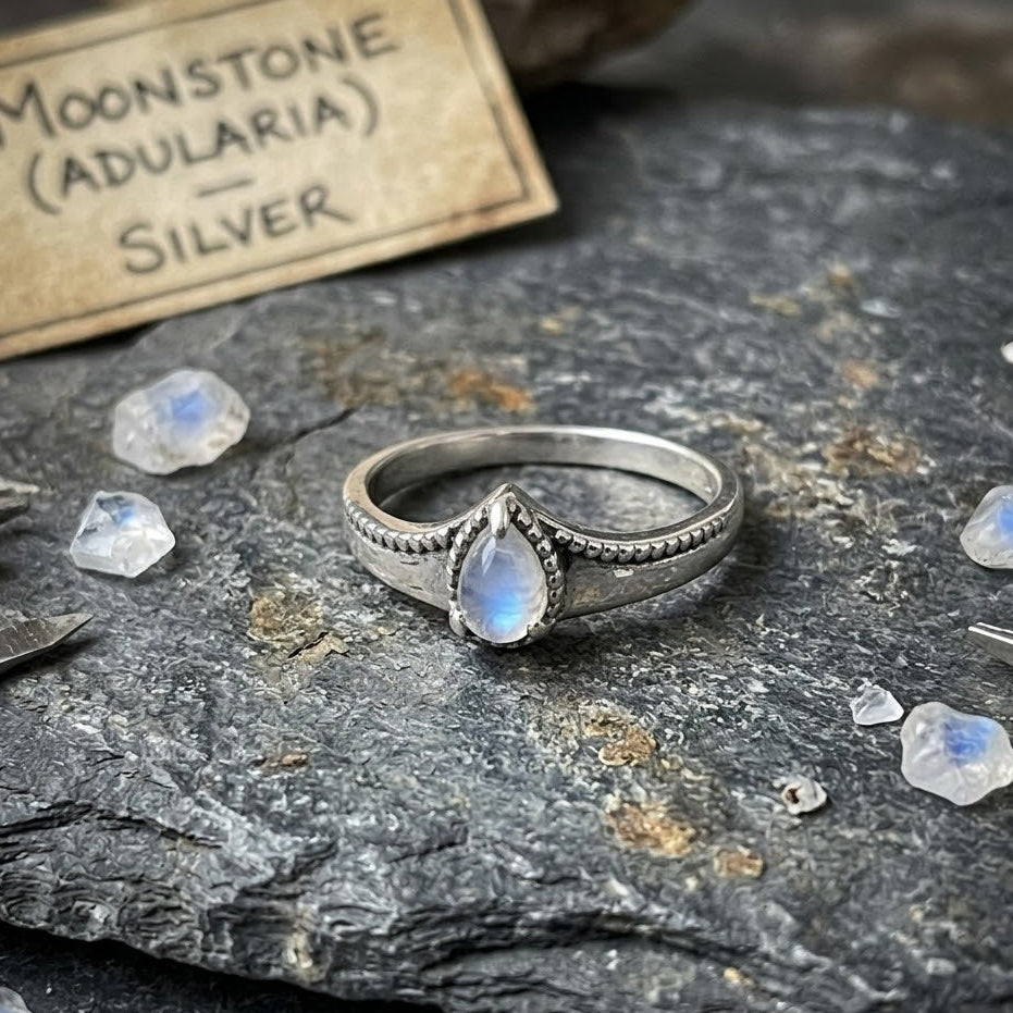Oxidized Pear Rainbow Moonstone Bead Edge Ring 925 Silver 6x4mm Sizes 5-9