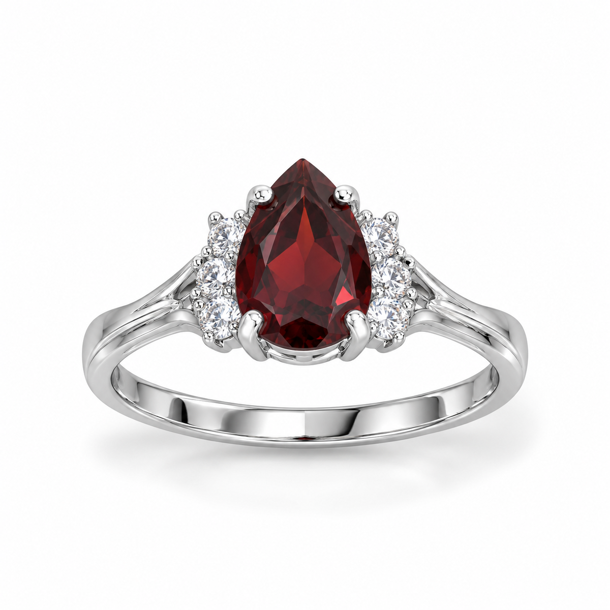 Rhodium Plated Pear Garnet White Topaz Ring 925 Silver 10x7mm 2mm Sizes 6-9