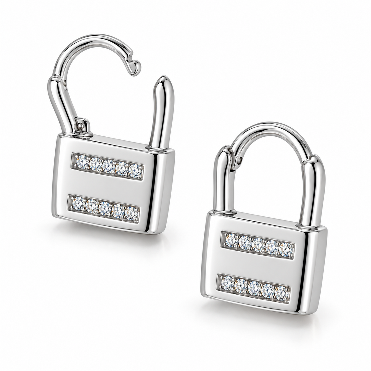 CZ Lock Huggie Earrings Rhodium Plated 925 Sterling Silver 15.7x10mm