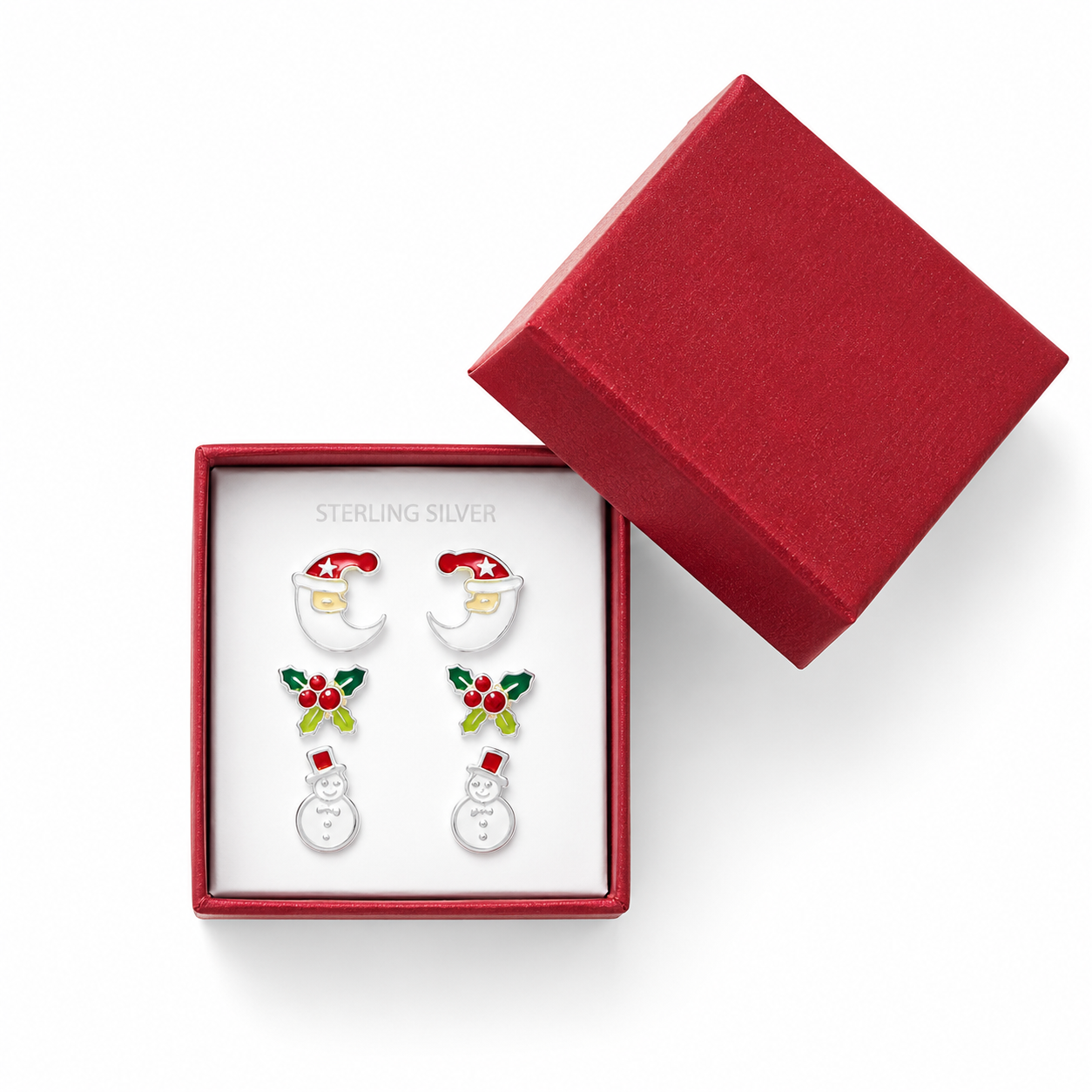 Christmas Enamel Studs 925 Sterling Silver Santa Holly Snowman 3 Pairs Set