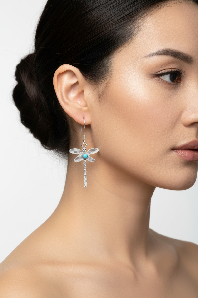 Elegant side profile with dragonfly earrings