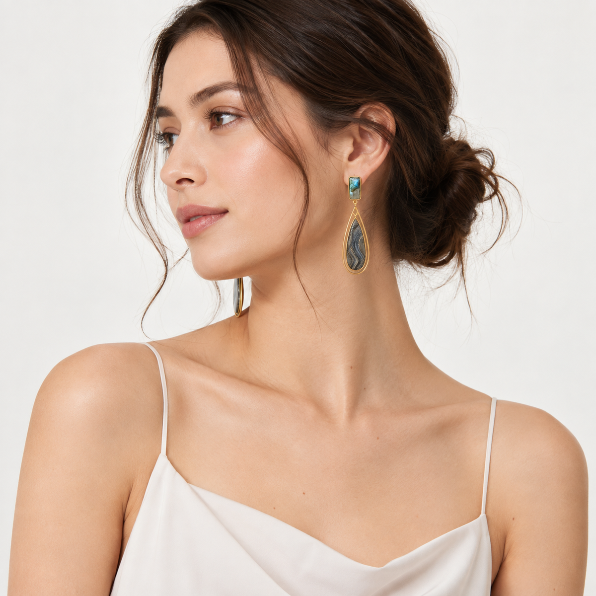 Labradorite & Desert Druzy Drop Earrings 14K Gold Plated 925 Sterling Silver 66mm
