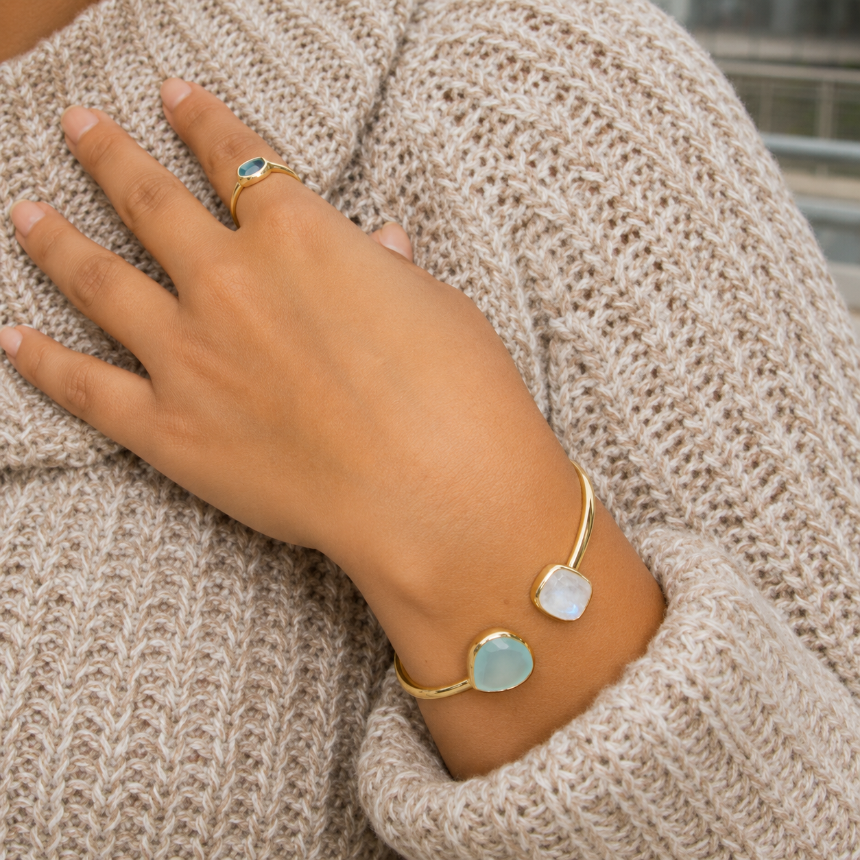 Rainbow Moonstone Green Chalcedony Split Cuff 14K Gold Plated 925 Silver 3mm