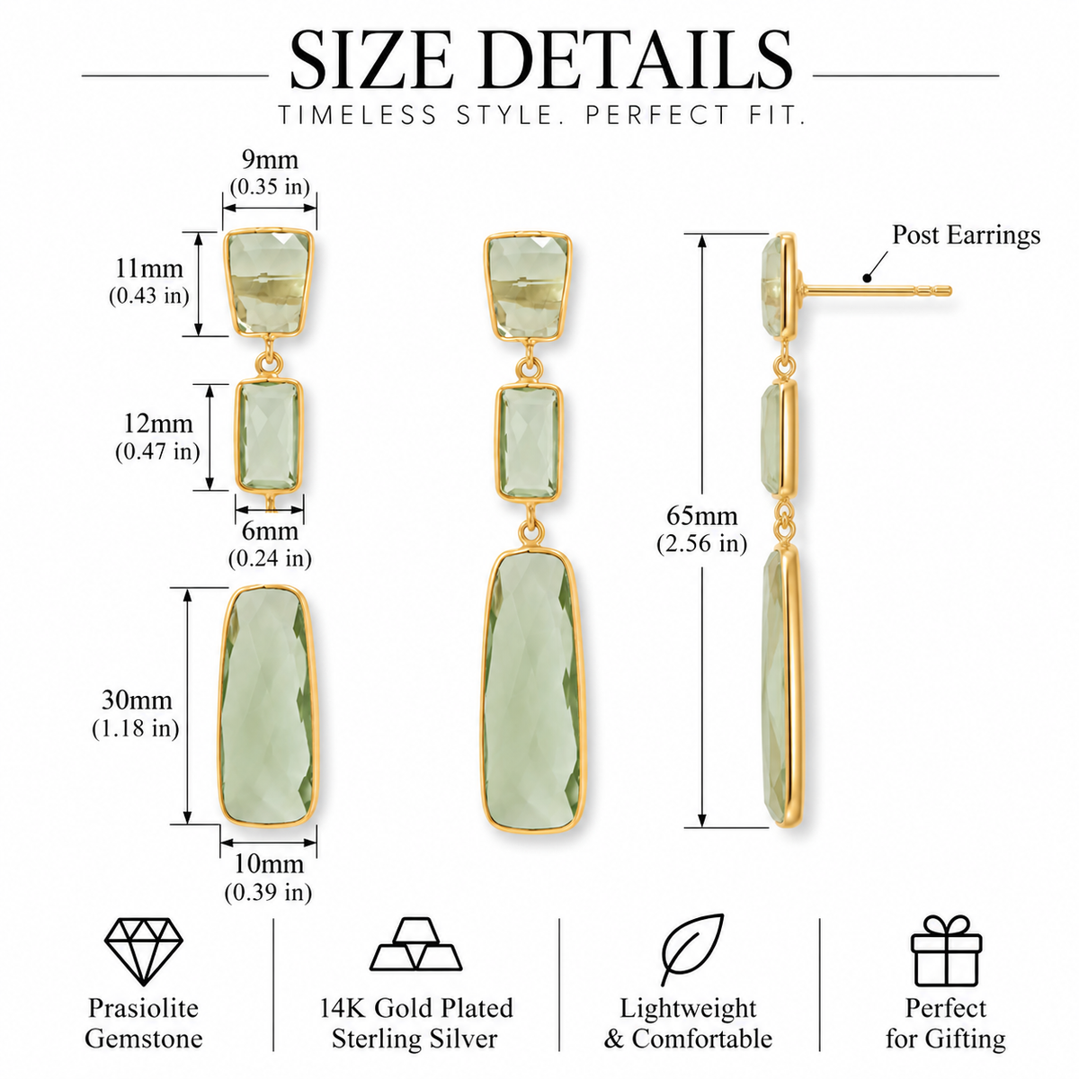 Prasiolite Rectangle Drop Earrings 14K Gold Plated 925 Sterling Silver 65mm