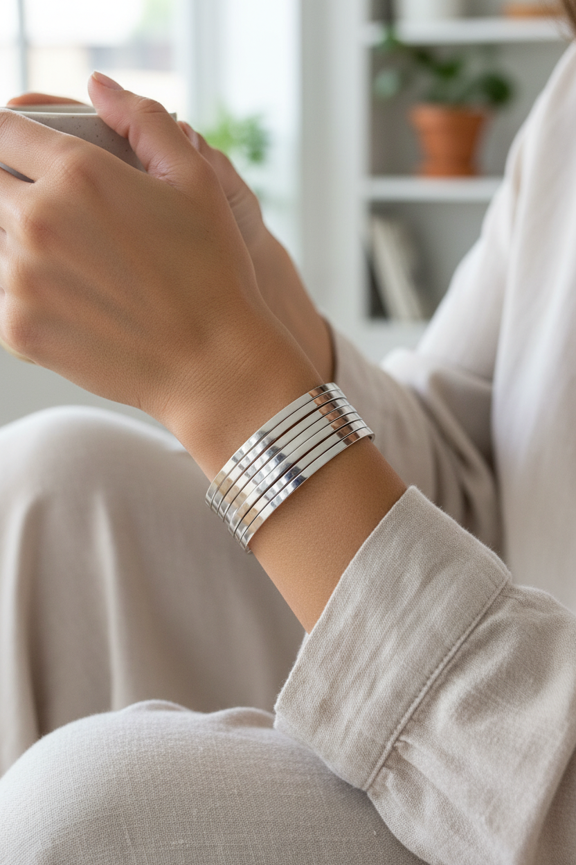 Female model wearing 7-piece flat bangle set - casual style