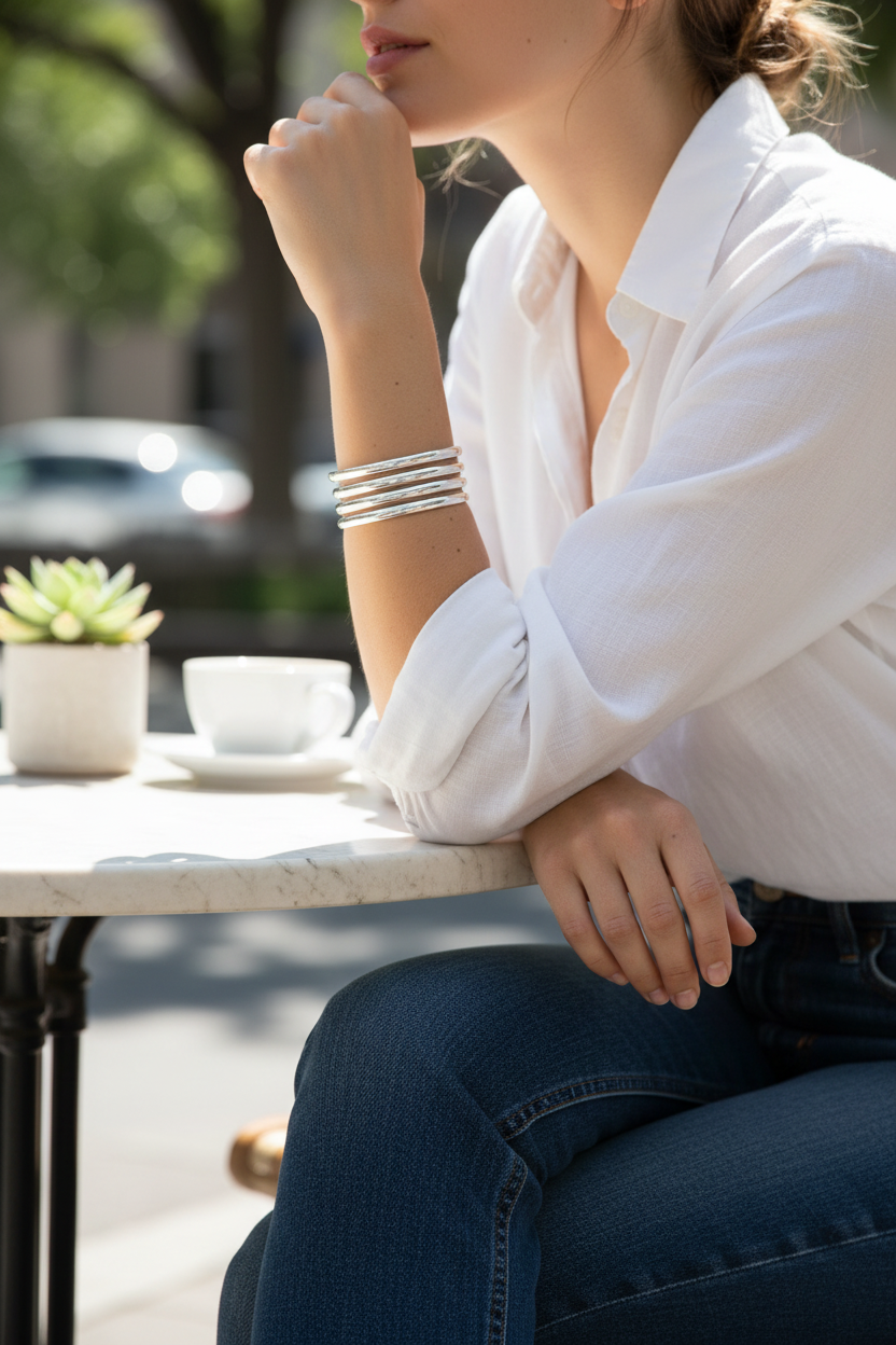 Female model wearing multi-band cuff bracelet - casual style