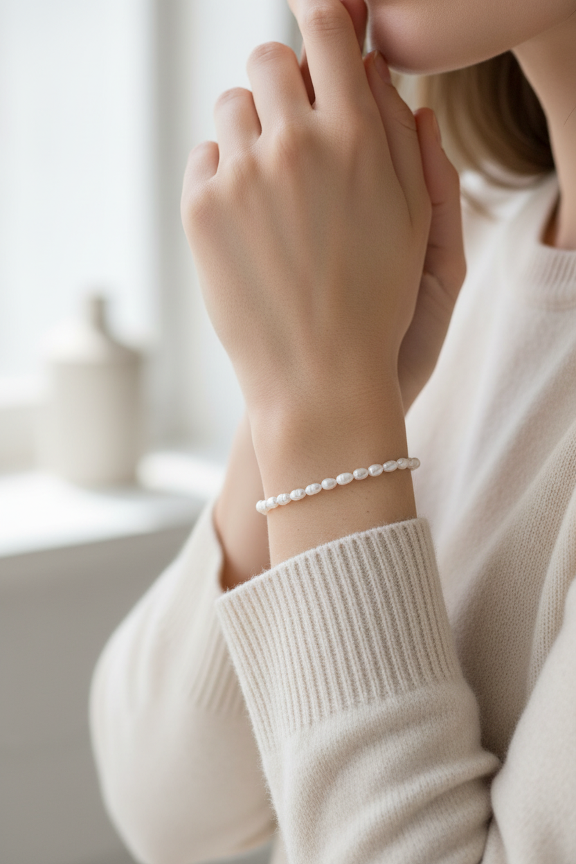 Female model wearing rice pearl bracelet - casual style