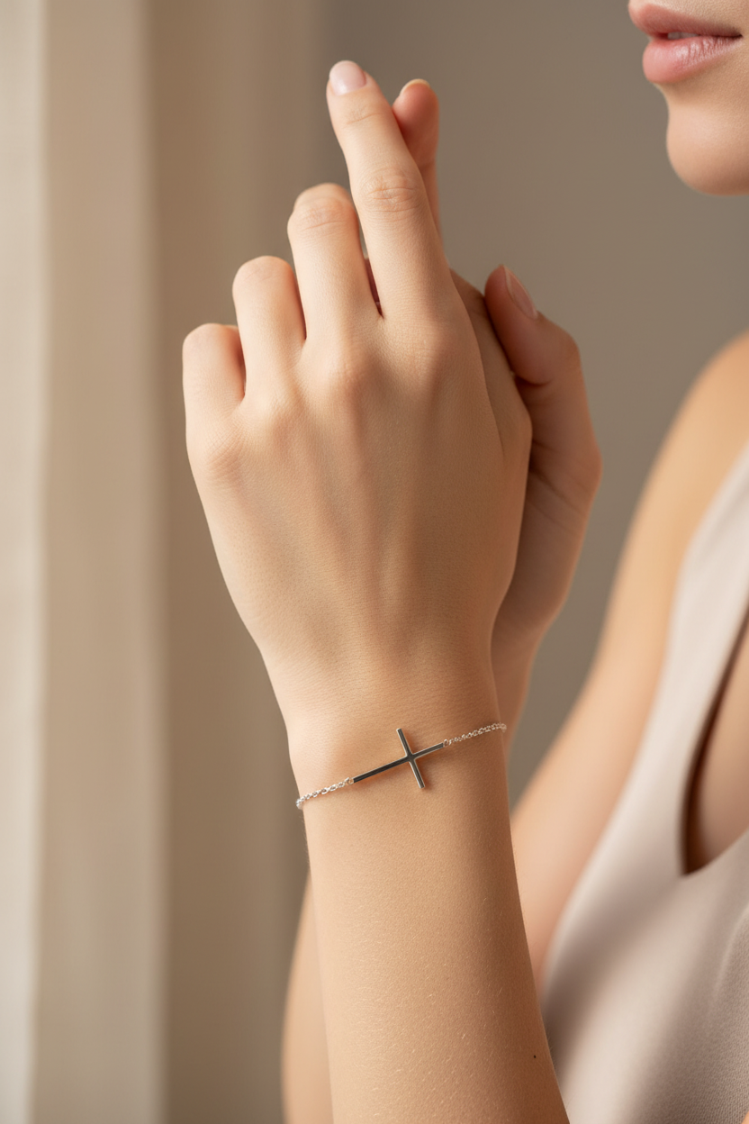 Female model wearing sideways cross bracelet - elegant