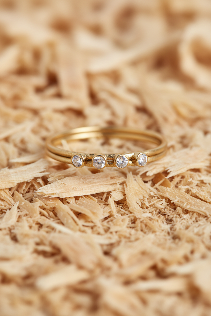 Four CZ Double Band Gold Ring Wood Shavings Background