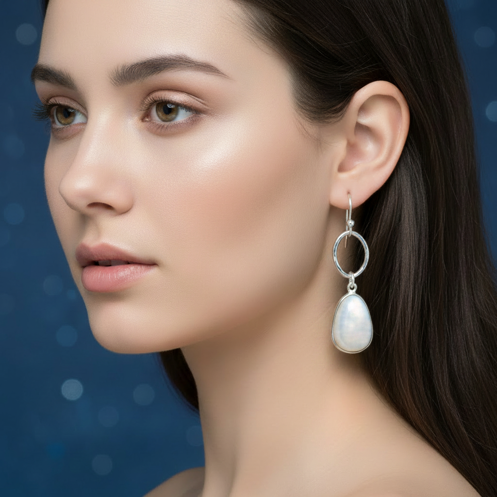 Freeform Moonstone Drop Earrings Sterling Silver Elegant Dark Hair Model Milky White Natural Moonstone Warm Bokeh Lifestyle 1x1