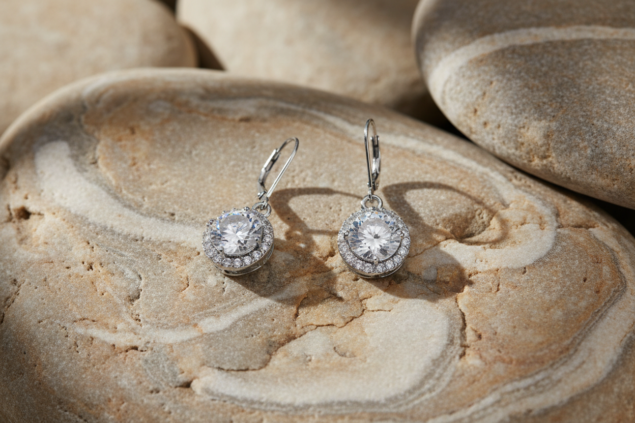 Halo earrings on river rock surface