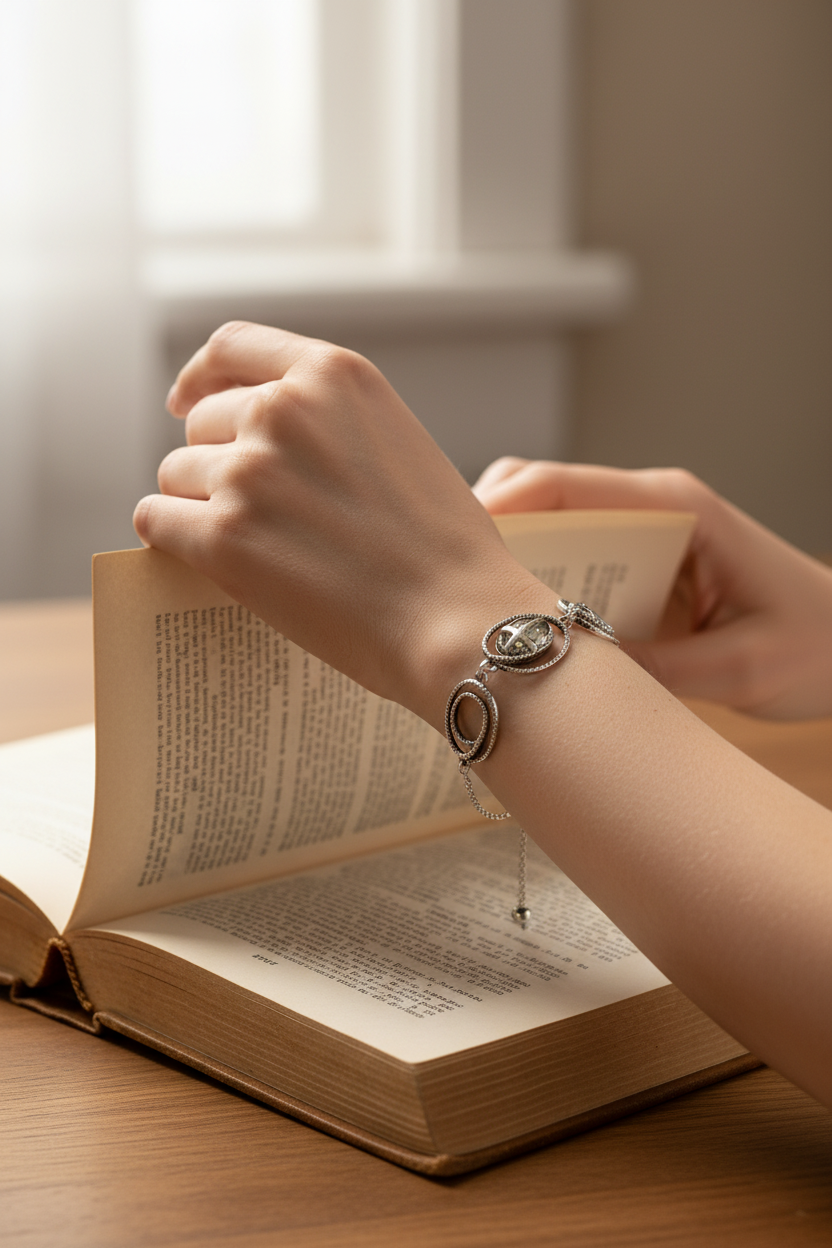 Hand Action Close-up - Silver Geometric Bracelet