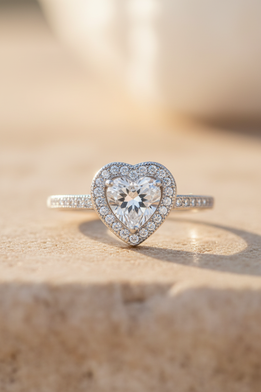 Heart CZ Halo Pave Band Silver Ring Sunlight Background