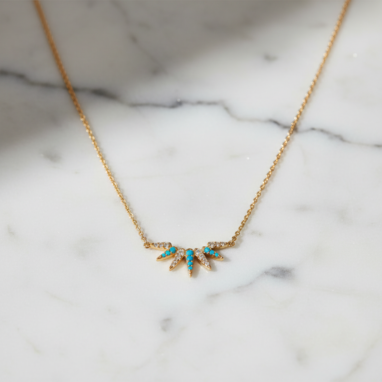 Turquoise CZ Sunray Pendant Necklace 14K Gold Plated 925 Sterling Silver 20mm