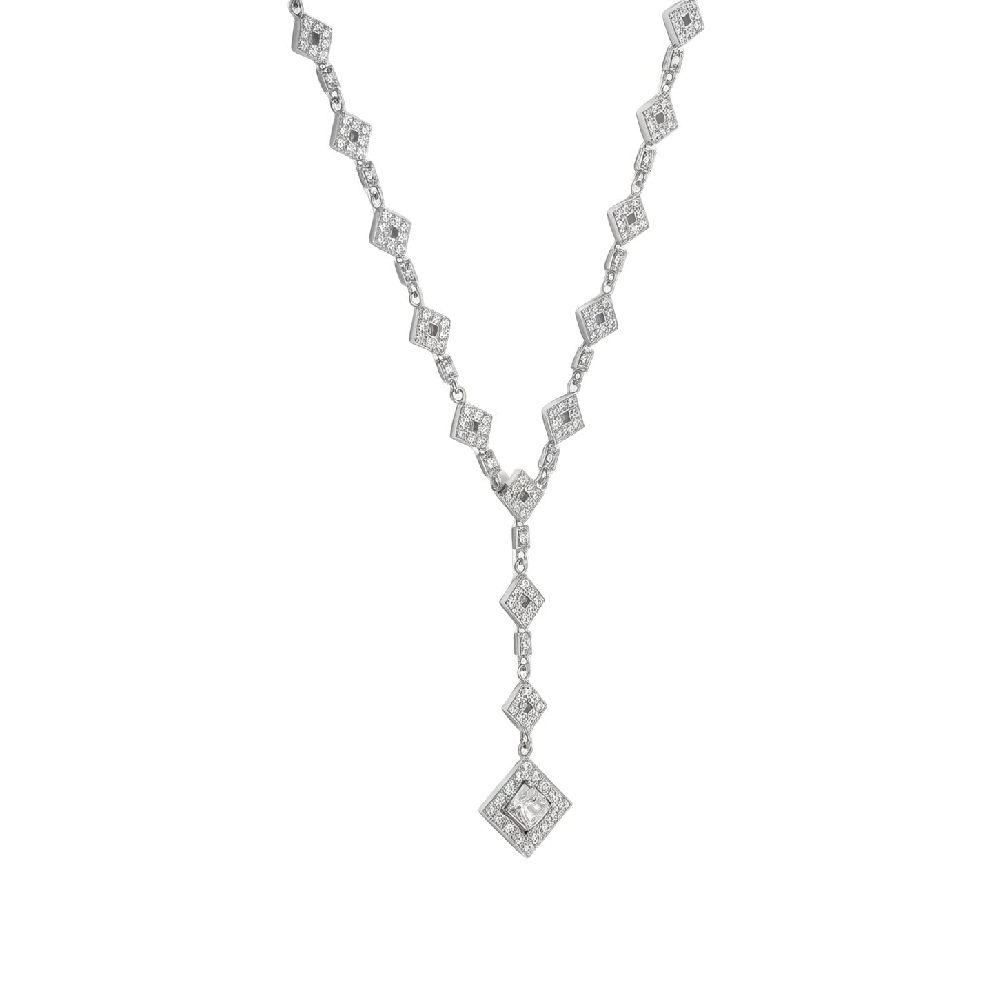 CZ Y Drop Necklace Rhodium 925 Silver Diamond Shape Full Circle 2.5in Drop 16in