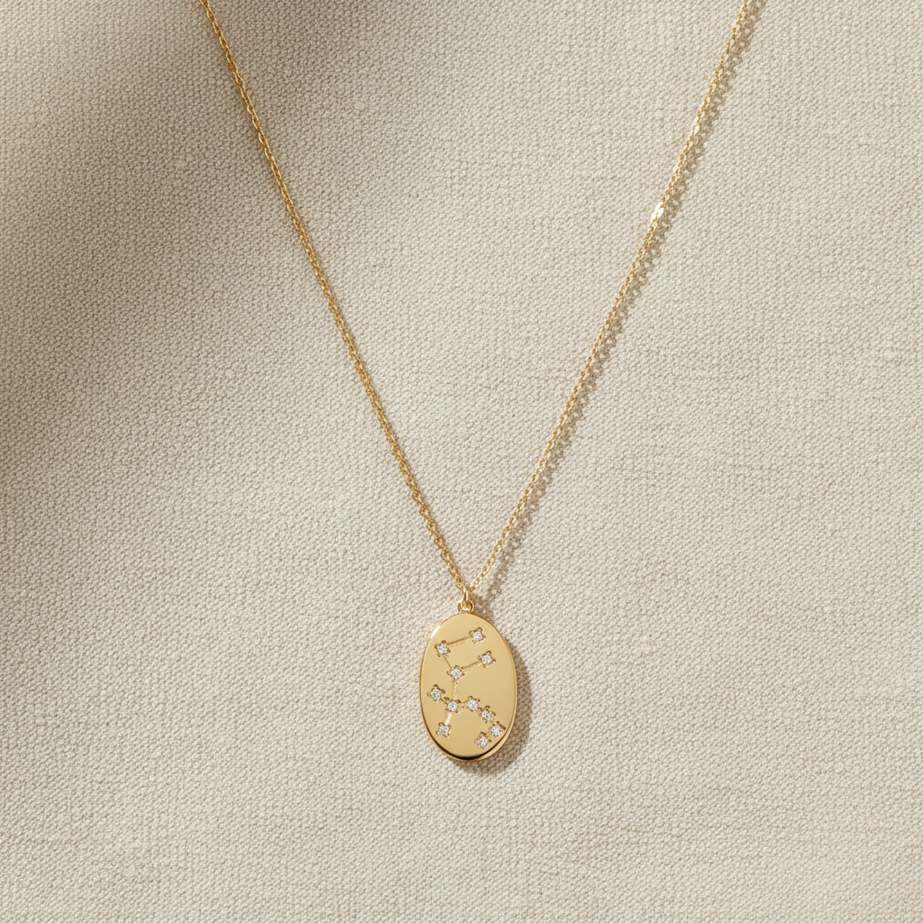 Aquarius Zodiac Constellation Oval Coin Necklace, 16 Inch Chain with 2 Inch Extender, Celestial Astrology Jewelry