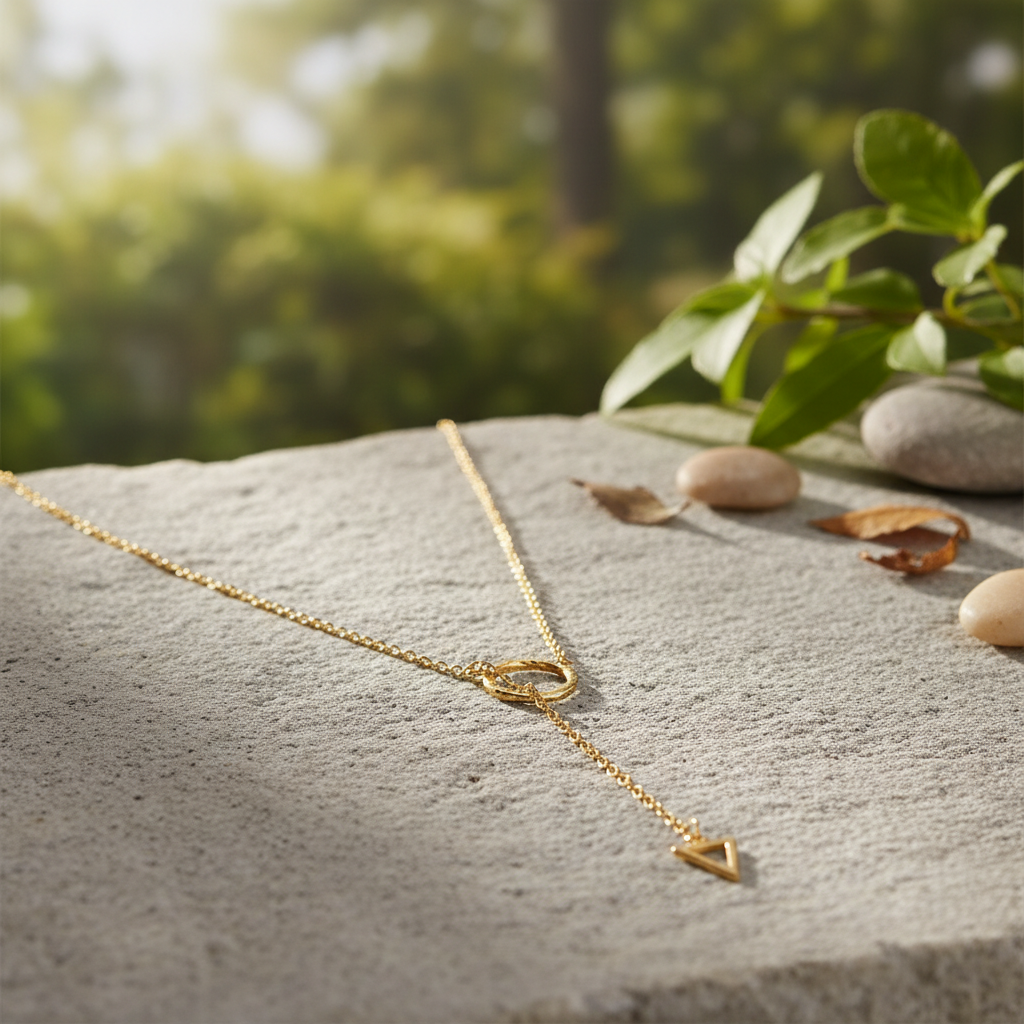 Geometric Lariat Necklace 14K Gold Plated 925 Sterling Silver Circle Triangle 24"