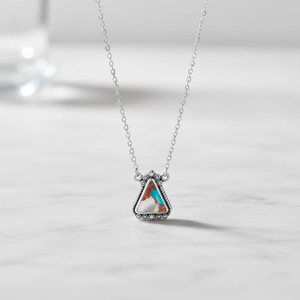Sterling Silver Oxidized Pendant Necklace with Spiny Oyster and Turquoise Stone, 18+2 Inch Chain, Rope and Bead Detail