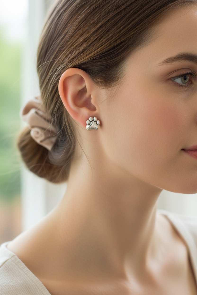Paw Prints on My Heart | Oxidized Sterling Silver Paw Print Stud Earrings