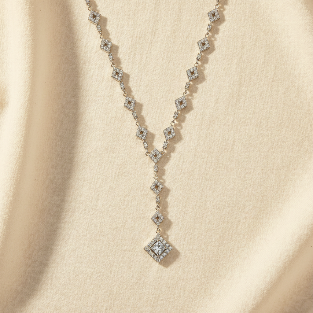 Sterling Silver Y-Drop Necklace with CZ Diamond Designs, 16 Inch Rhodium Plated Chain, 2.5 Inch Drop