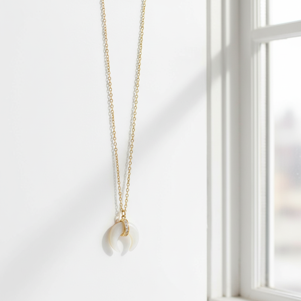 Mother of Pearl Necklace - 14K Gold Plated Sterling Silver Crescent Pendant