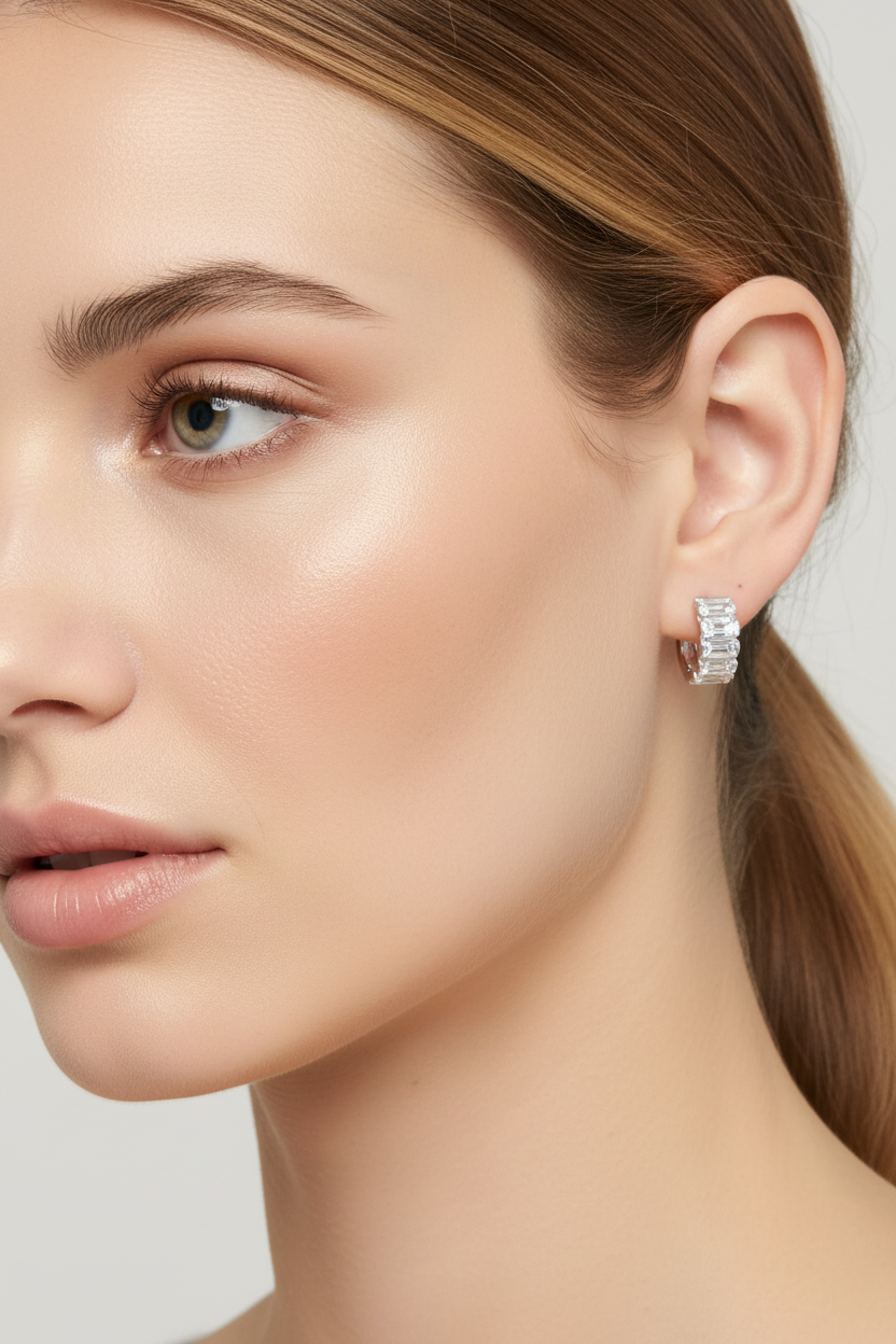 Baguette CZ Hoop Earrings - Sterling Silver Rhodium Plated Chunky Design