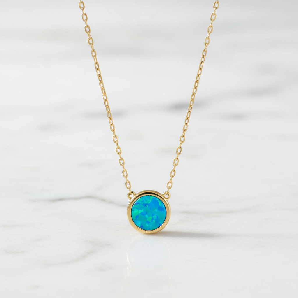14 Karat Gold Plated Sterling Silver Cable Chain Necklace with Synthetic Blue Opal Circle Pendant, 16 Inch with 2 Inch Extension
