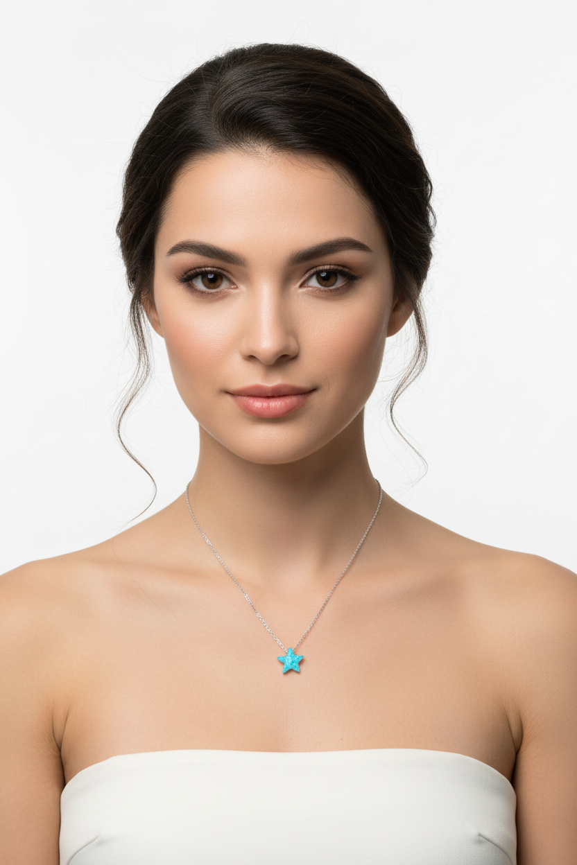 Opal Star Necklace Rhodium 925 Sterling Silver Blue Synthetic 8.5mm 16+2
