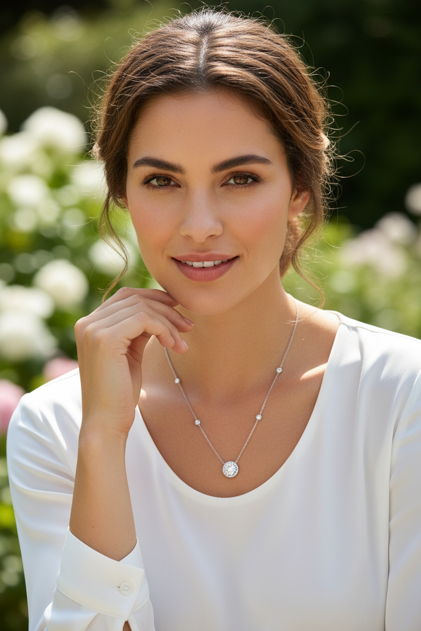 Halo CZ Bezel Chain Necklace Rhodium 925 Silver 8mm Center 3mm Full Set 15+2in
