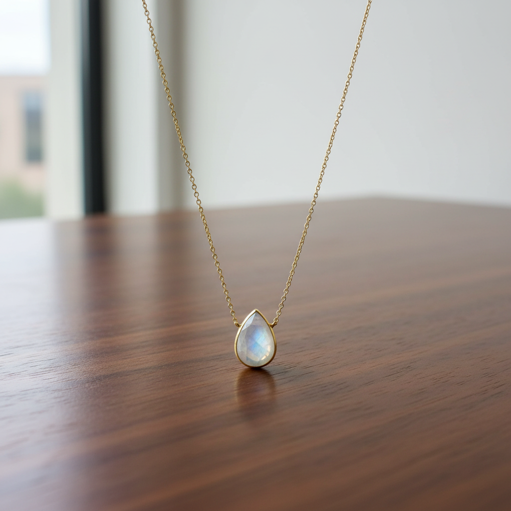 Rainbow Moonstone Necklace - 14K Gold Plated Sterling Silver Pear Pendant