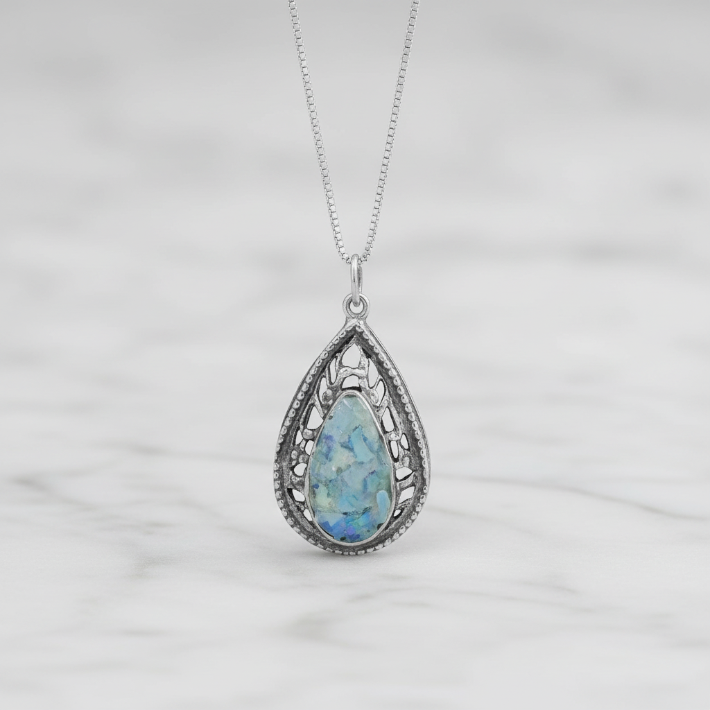 Ancient Roman Glass Necklace - Sterling Silver Oxidized Pear Cutout Pendant