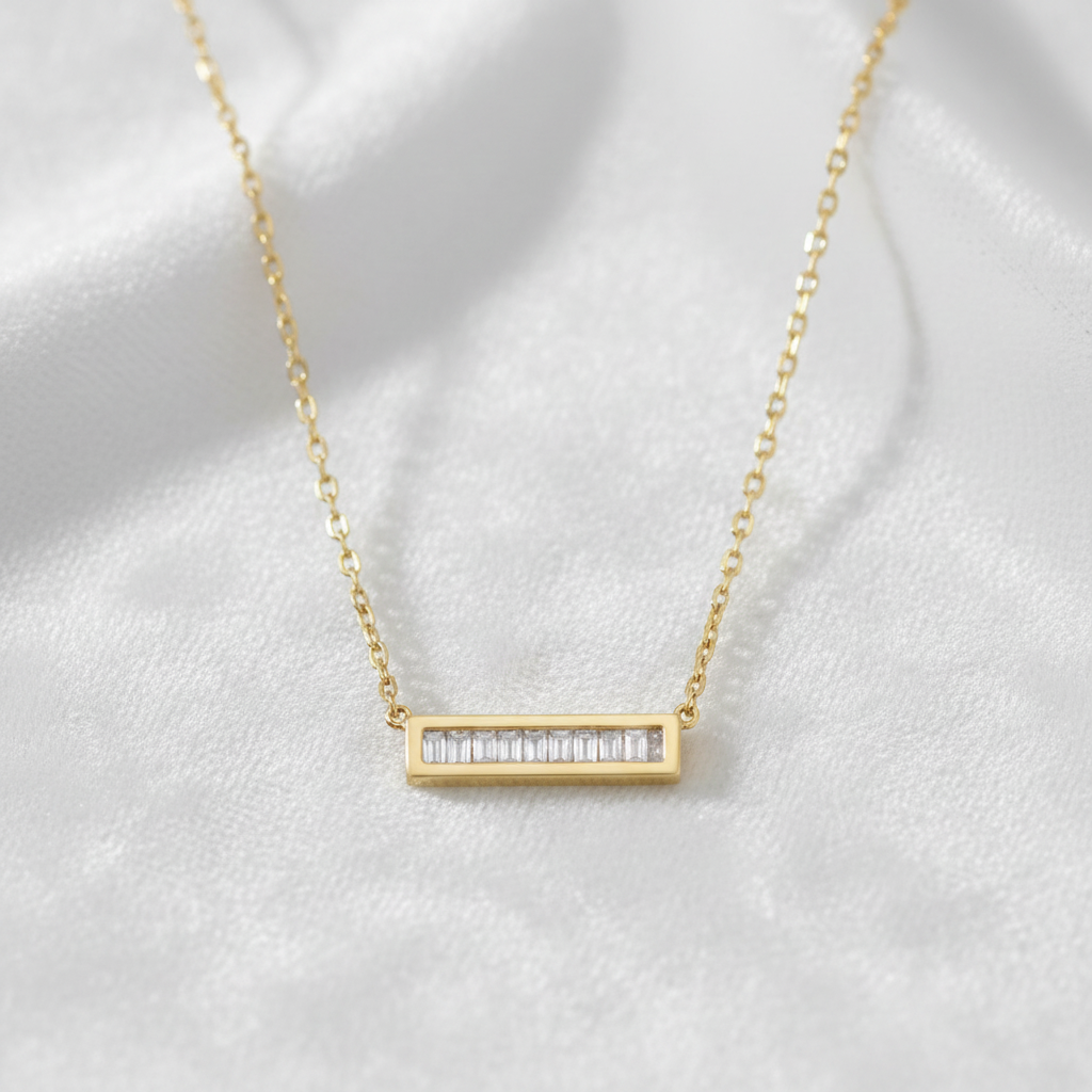 14 Karat Gold Plated Sterling Silver Bar Necklace, 16 Inch Cable Chain with 2 Inch Extension, CZ Pendant, Lobster Clasp