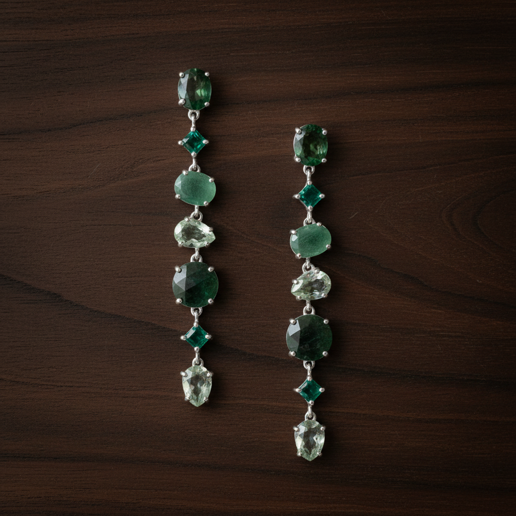 Green Multistone Long Drop Earrings Rhodium Plated 925 Sterling Silver 74.7mm