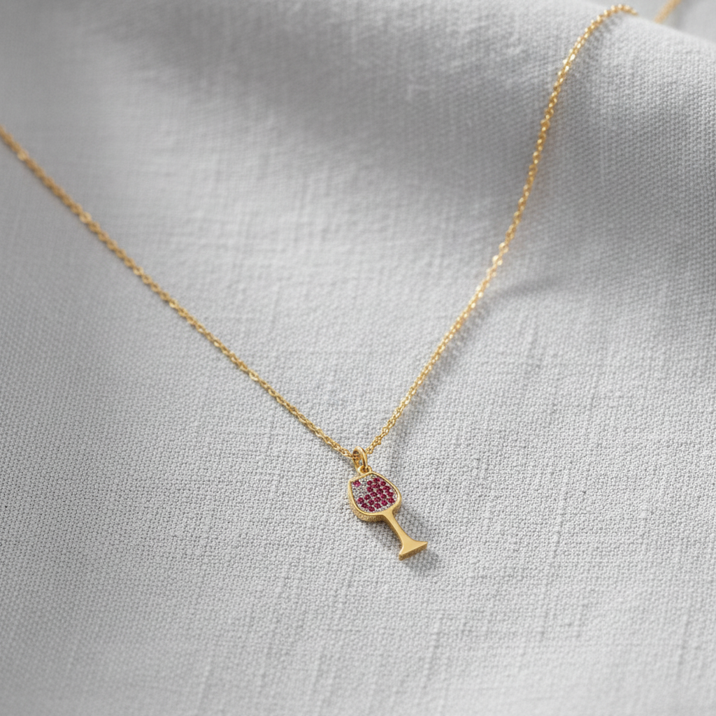 14 Karat Gold Plated Sterling Silver Wine Glass Charm Necklace, Red and White CZ Pave, 16 Inch Cable Chain with Extensions