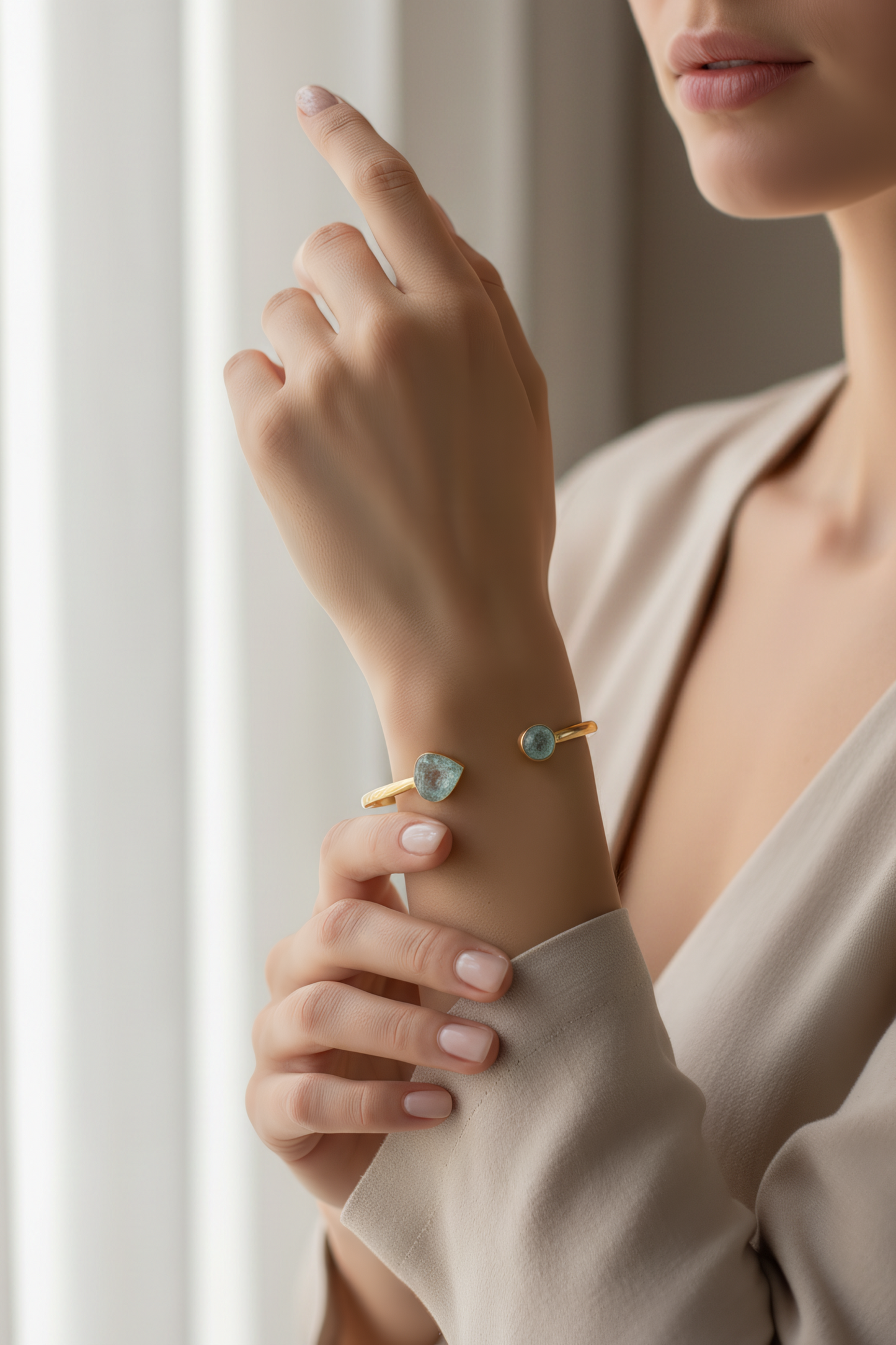 14 Karat Gold Plated Sterling Silver Cuff Bracelet with Rough Cut Aquamarine Stones, 3.3mm Wide, Dual Stone Design 8mm and 13x12mm