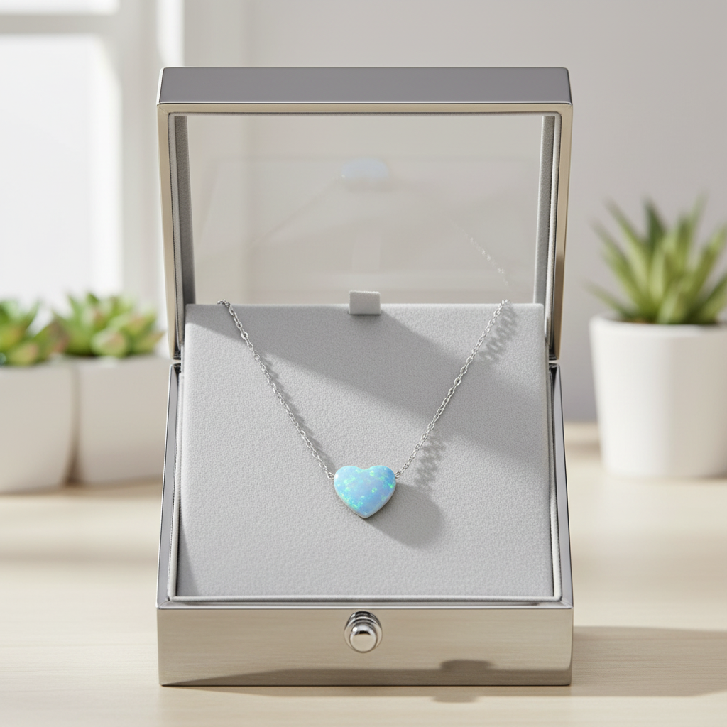 Opal Heart Necklace Rhodium 925 Sterling Silver Blue Synthetic 9mm 16+2