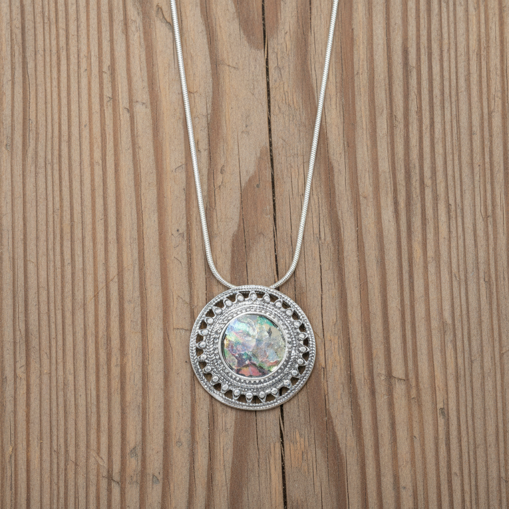 Ancient Roman Glass Necklace - Sterling Silver Rope Edge Design, 16.5" Chain, Certificate Included