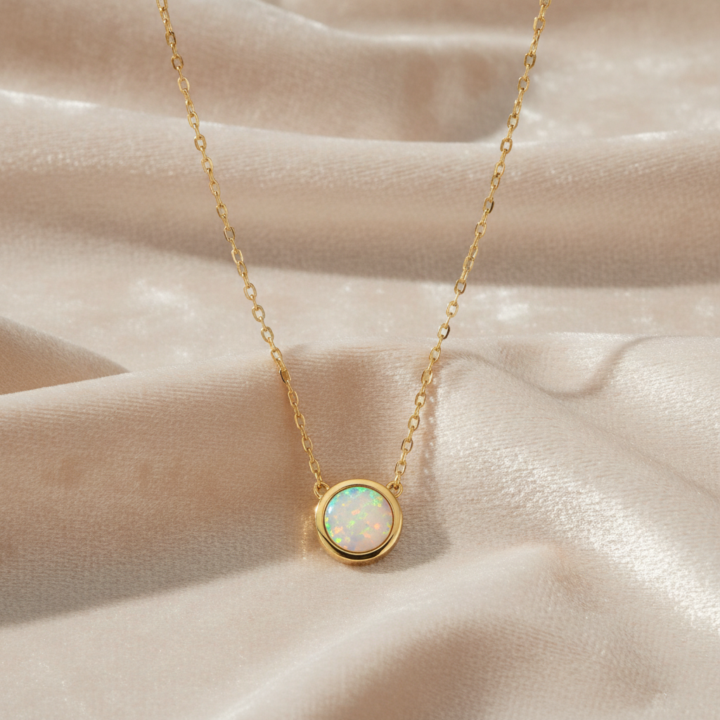 14 Karat Gold Plated Sterling Silver Cable Chain Necklace with Synthetic White Opal Circle Pendant, 16 Inch with 2 Inch Extension