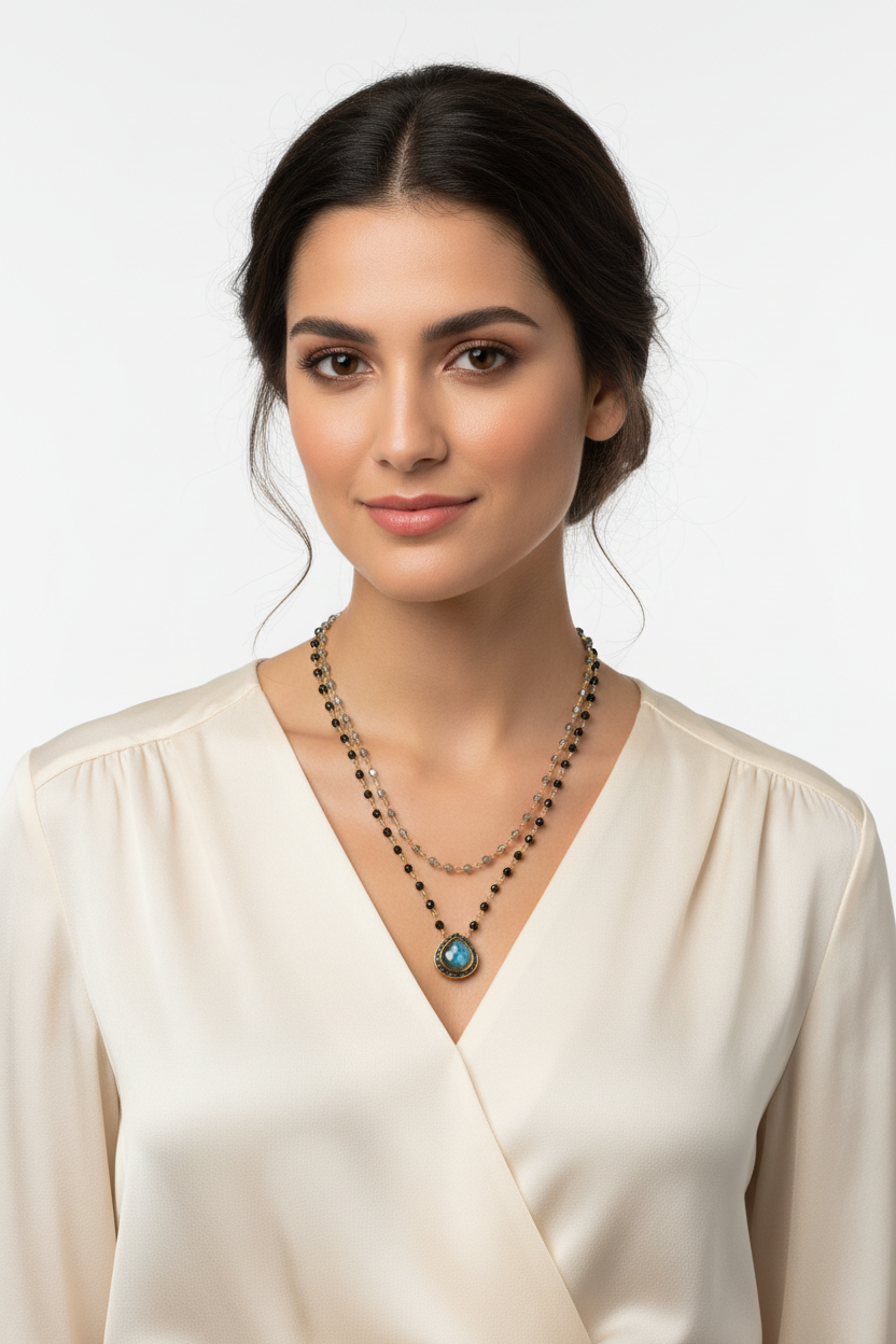 Labradorite Black Onyx Diamond Necklace 14K Gold 925 Silver Double Strand 19+20in