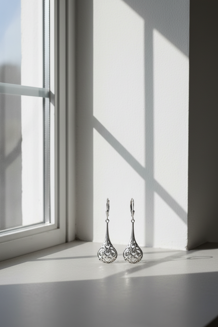 Raindrop Romance | Oxidized Silver Filigree Heart Teardrop Earrings