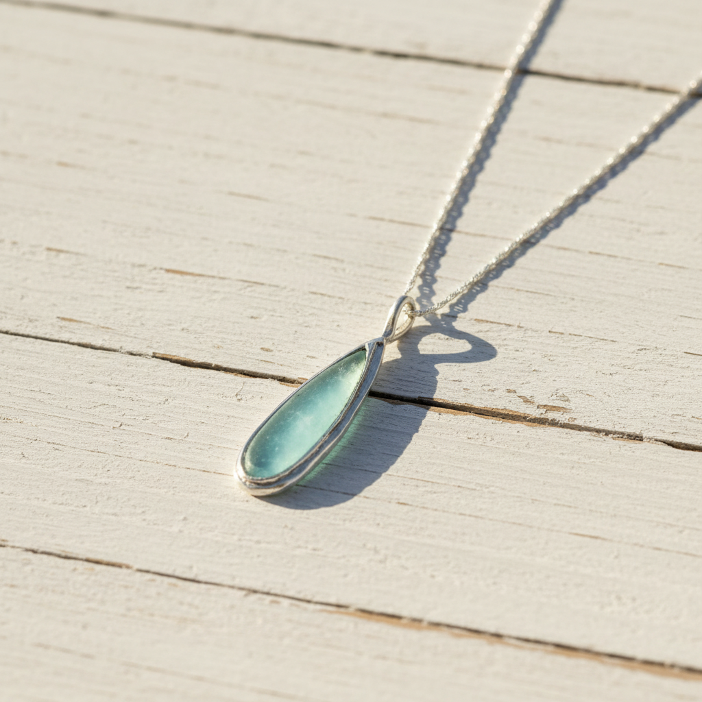 Roman Glass Pear Drop Necklace 925 Silver Green 11.5x45mm w/ Certificate