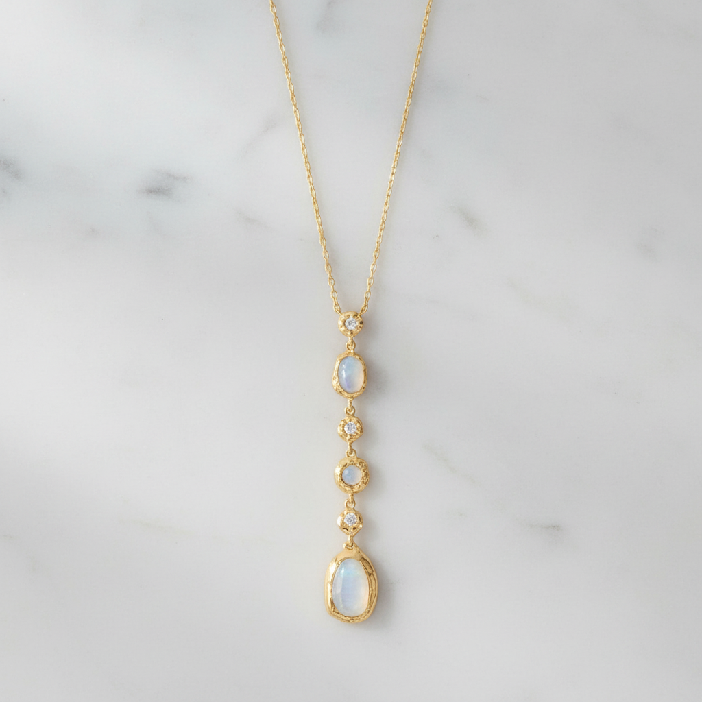 14 Karat Gold Plated Sterling Silver Rainbow Moonstone Drop Necklace, CZ Accents, 16 Inch Chain with 2 Inch Extender