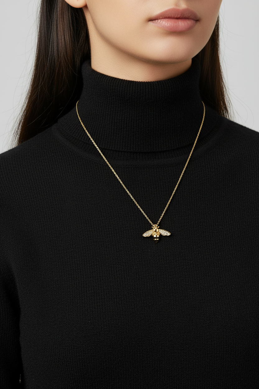 14K Gold Plated Sterling Silver Bee Necklace with Signity CZ Wings, 16 Inch Chain with 2 Inch Extension, Slide Pendant