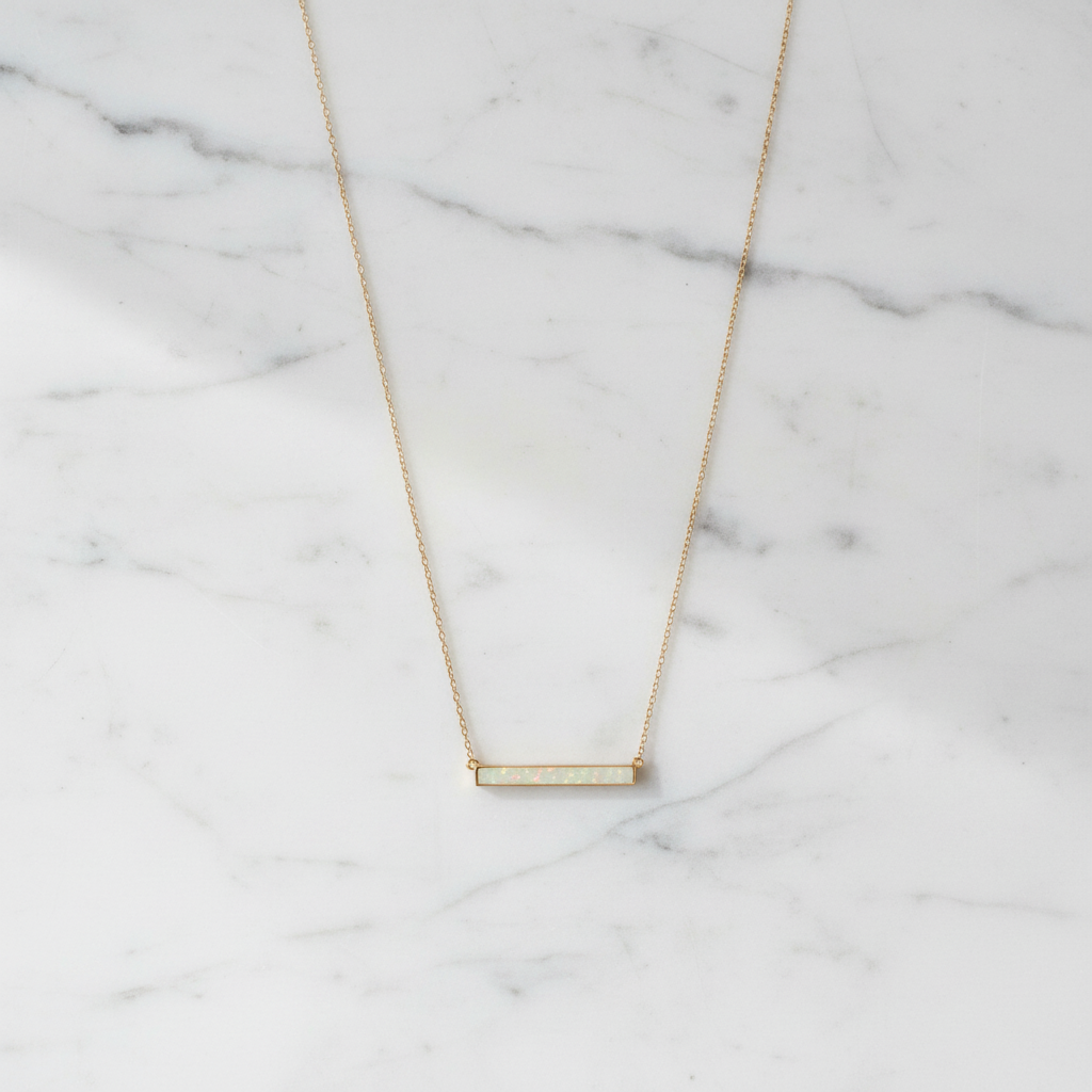 Synthetic White Opal Bar Necklace 14K Gold Plated 925 Sterling Silver 16+2"