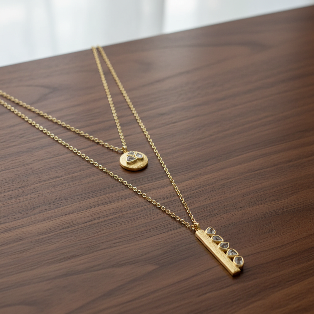 14 Karat Gold Plated Sterling Silver Double Strand Necklace with Polki Diamond Pendant, 20-24 Inch Chain, 0.40 CTW Natural Uncut Stones