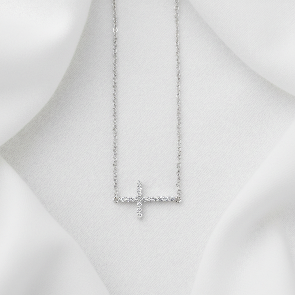 Sterling Silver Sideways Cross Necklace, Rhodium Plated, CZ, 16 Inch Chain with 2 Inch Extension