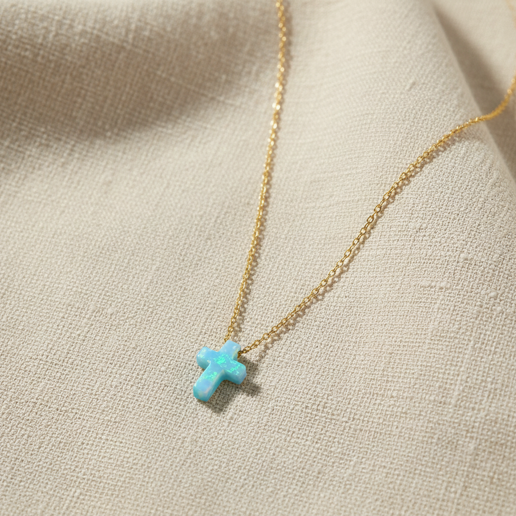 Opal Cross Necklace 14K Gold Plated 925 Silver Blue Synthetic 9mm 16+2